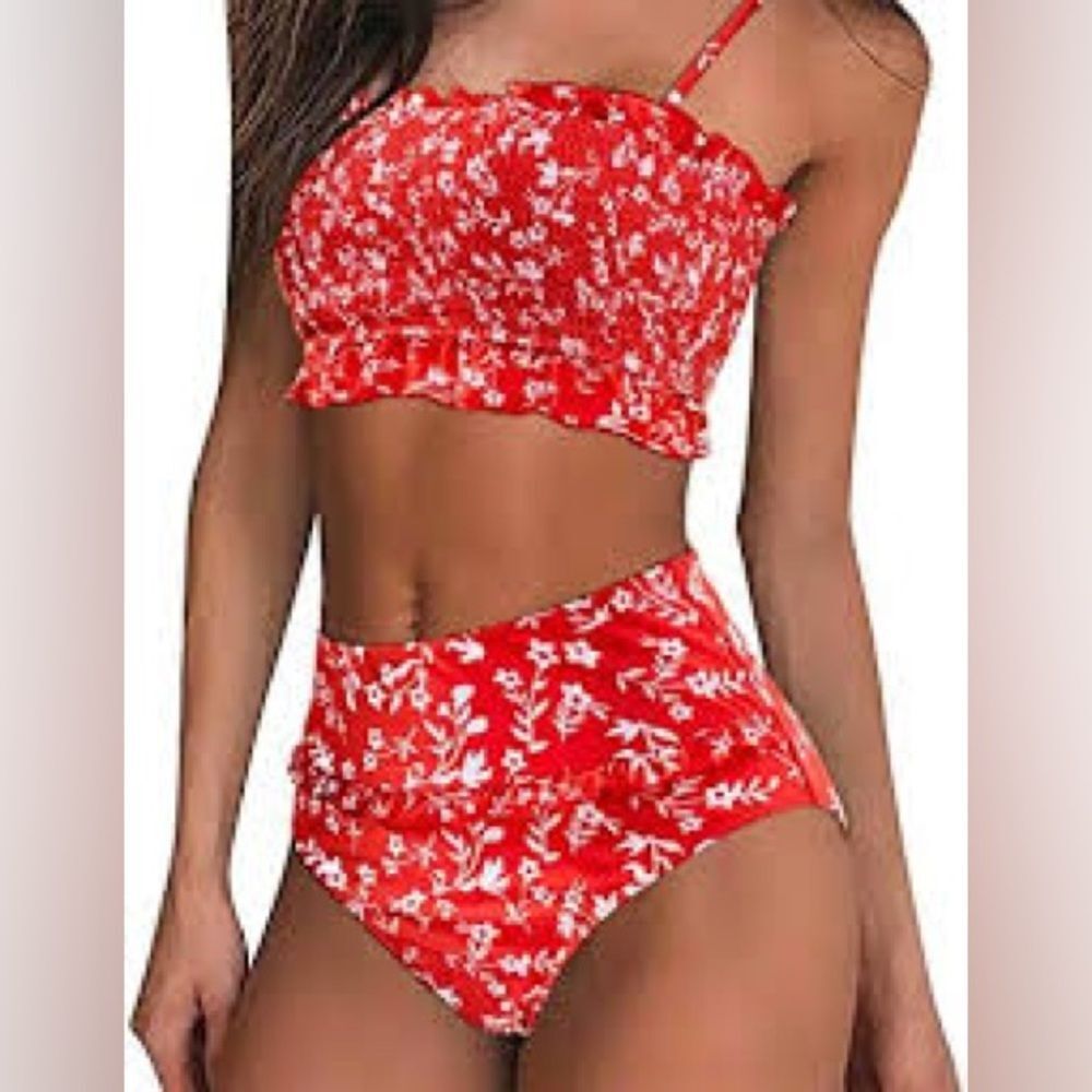 ZAFUL Red Floral Smocked Bikini Set Swimwear Women’s Small NWOT